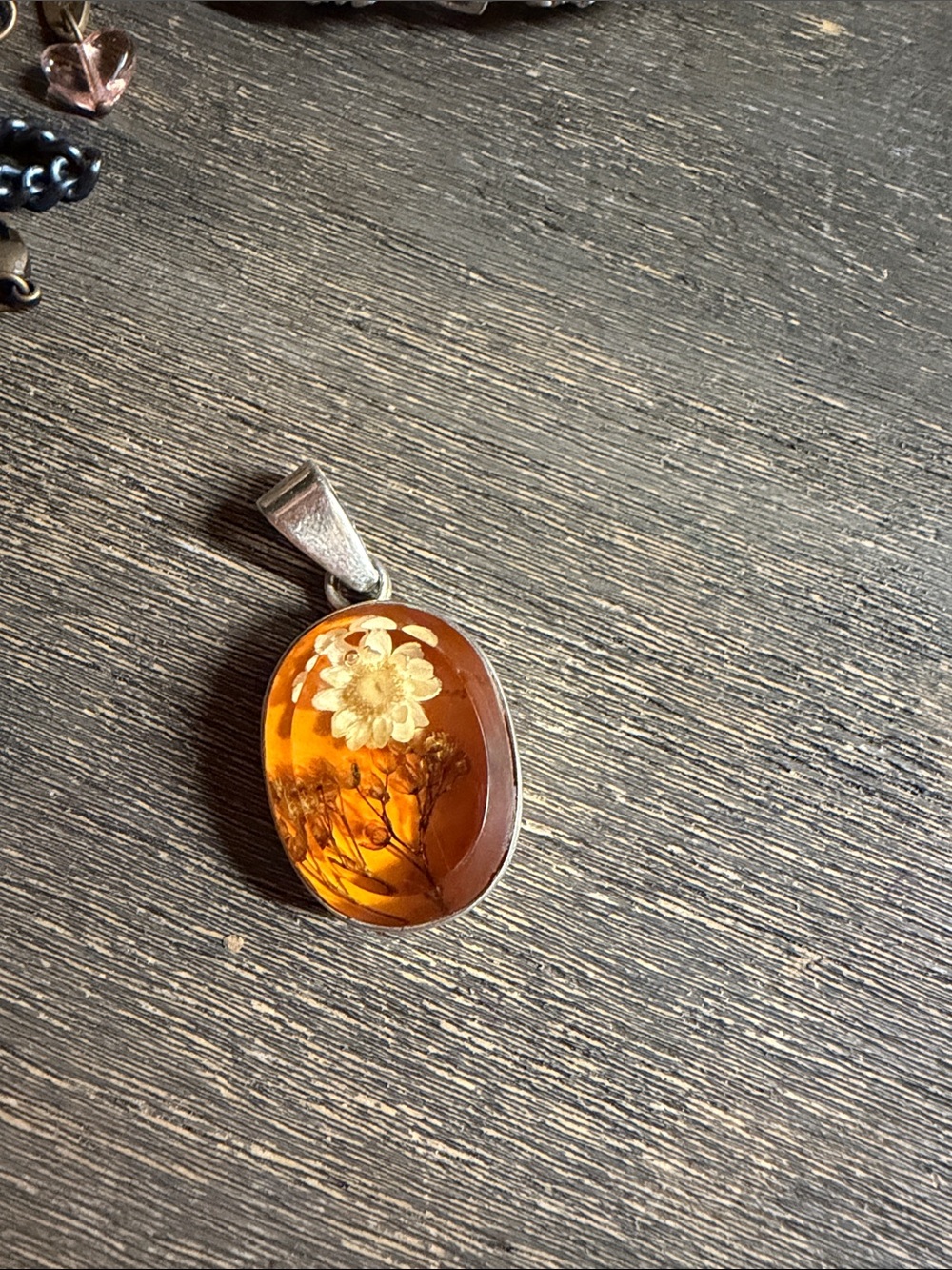 Amber Floral Resin Pendant Necklace - 925 Mexico marked